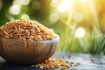 Poster - Brown rice in a wooden bowl resting on a stone surface with sunlight shining through greenery in the background