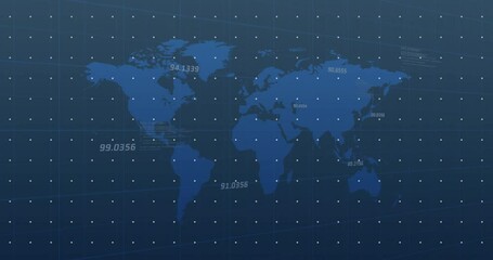 Poster - World map with grid overlay and numerical data, animation on blue background