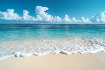 Poster - Serene beach landscape with gentle waves and scenic blue sky during a sunny day