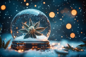 Poster - Unique holiday snow globe showcasing a cannabis plant surrounded by sparkling snow and warm glowing lights