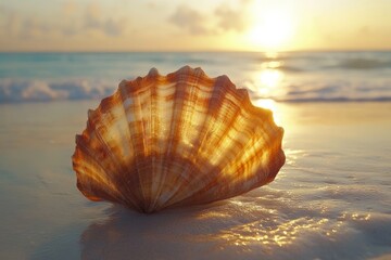 Aufkleber - Beautiful seashell at sunrise on a calm beach with gentle waves and golden hues illuminating the sky