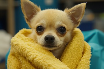 Wall Mural - cute chihuahua wrapped in a yellow towel rests peacefully in a cozy indoor setting