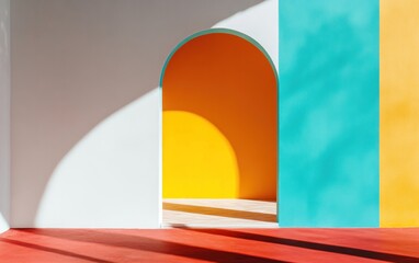 Poster - Abstract architectural image featuring a vibrant color palette of orange, teal, and red.  Sunlight casts shadows across a red floor and white walls, highlighting an arched passageway to an orange