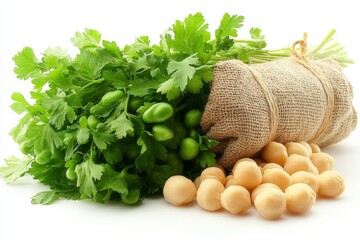 Poster - Fresh green herbs and legumes arranged together on a white background ready for use in cooking