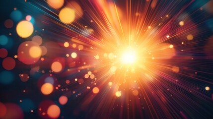 Fototapete - Abstract background with vibrant bursts of orange, red, and purple light radiating from a bright center against a dark background.  Bokeh effects add depth