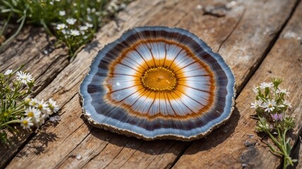 Poster - A beautifully polished agate slice with vibrant concentric patterns, resting on a wooden surface among flowers.