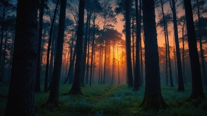 Poster - A serene forest scene at sunset, with tall trees silhouetted against a colorful sky and soft mist.