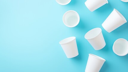 Poster - A scattering of white paper cups on a light blue background, creating a minimalist and clean aesthetic, Eco-Friendly Packaging  cup.