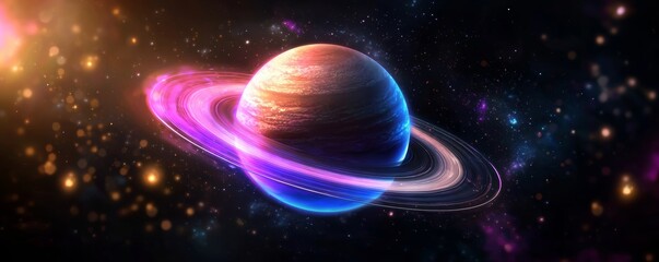 Wall Mural - A vibrant depiction of a planet surrounded by colorful rings and a starry background, showcasing the beauty of space.