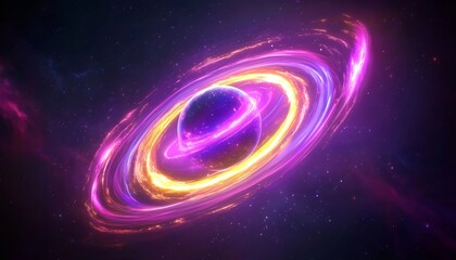 Wall Mural - A vibrant cosmic swirl depicts a colorful galaxy with a central orb surrounded by radiant rings, creating a mesmerizing space scene.