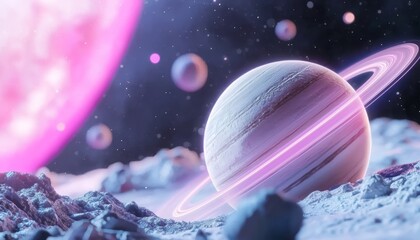 Wall Mural - A vibrant digital rendering of a ringed planet surrounded by smaller celestial bodies, set against a colorful cosmic backdrop.