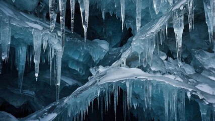 Poster - A stunning ice cave with intricate formations of icicles and frozen textures.