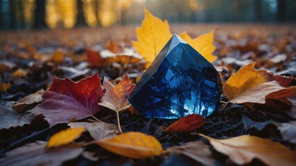Poster - A blue crystal rests among colorful autumn leaves, highlighting nature's beauty and seasonal change.