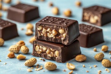 Poster - Chocolate bars filled with nuts arranged on a light blue surface during a bright, inviting setup