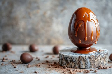 Aufkleber - Chocolate egg melts with caramel sauce on a marble base surrounded by cocoa pieces and smaller chocolate eggs