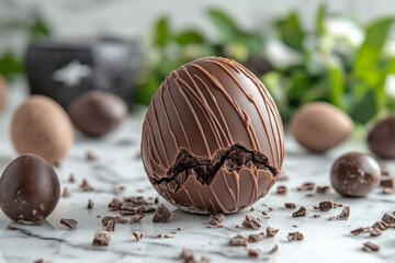 Aufkleber - Chocolate egg with decorative drizzle displayed on a marble surface with smaller chocolates in a festive setting