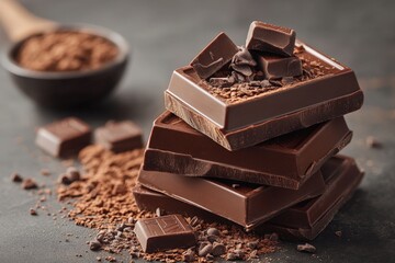 Aufkleber - Layers of rich chocolate bars with cocoa powder and chocolate chips on a dark background create an enticing dessert display
