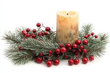 Poster - Festive candle surrounded by evergreen branches and red berries for holiday decoration