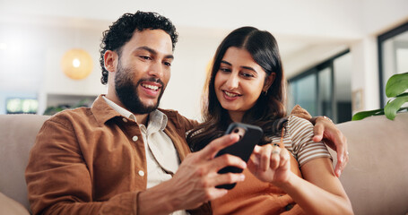 Poster - Home, relax and couple in lounge, smartphone and email with social media, internet and relationship. Digital app, man and woman on couch, cellphone and marriage with message, texting and conversation