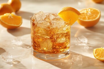 Poster - Refreshing beverage with ice and orange garnish on marble countertop in warm lighting