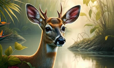 Wall Mural - young deer stands near calm river in lush, tropical forest at dawn