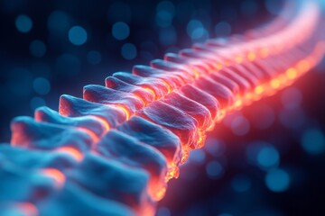 Poster - 3D visualization of human spine showing detailed vertebrae structure and glowing effects on a dark background