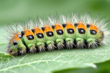 Poster - Colorful caterpillar resting on a leaf during daylight in a vibrant natural setting