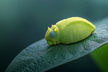 Poster - Bright green caterpillar resting on a leaf in a lush environment during daylight hours in a tropical setting