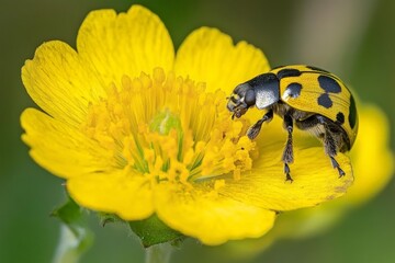 Poster - Insect collecting nectar from vibrant yellow flower in a sunny garden