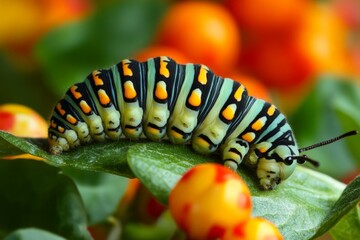 Poster - Colorful caterpillar crawling on vibrant leaves among orange berries in a garden