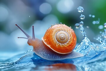 Poster - Snail glides through shimmering water with a vibrant shell reflecting sunlight in a tranquil environment