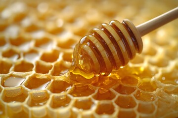 Aufkleber - Honey drips from a wooden dipper onto a honeycomb at a local apiary during a sunny afternoon