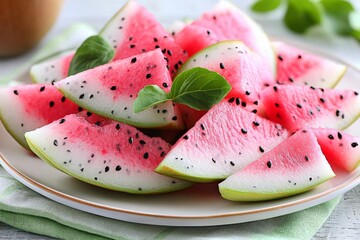 Poster - Freshly sliced watermelon served on a plate with green mint leaves garnishing the vibrant fruit pieces