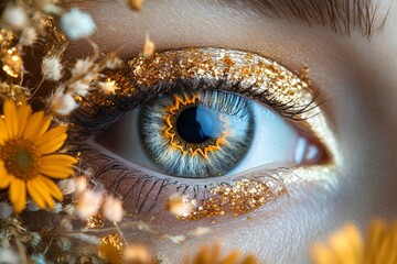 Poster - Close-up of a woman's eye adorned with golden makeup and surrounded by vibrant flowers in natural light