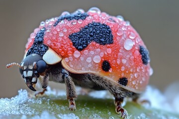 Poster - Bright ladybug covered in dew droplets on a green leaf in the morning sunlight