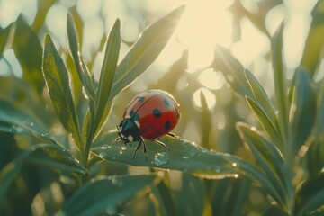Poster - Ladybug resting on a green leaf under morning sunlight in a lush garden