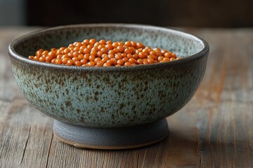 Poster - Colorful orange lentils in a rustic ceramic bowl on a wooden table, showcasing fresh ingredients for healthy cooking
