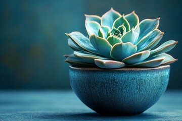 Poster - Succulent plant in a decorative pot on a wooden surface with a textured background