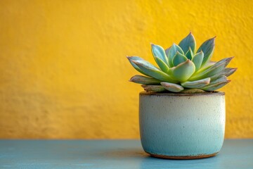 Aufkleber - Succulent plant in a light blue pot against a vibrant yellow wall showcasing indoor gardening creativity