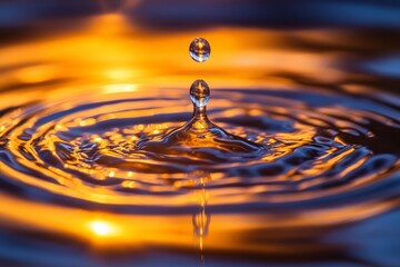 Aufkleber - Droplet creates ripples on water surface reflecting warm hues of light during serene moment