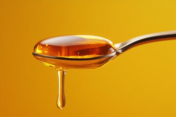 Aufkleber - Reflection of golden honey on a spoon with a vibrant yellow background during a warm afternoon