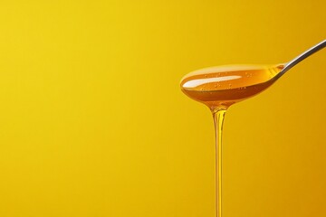 Aufkleber - Golden liquid drips from a spoon against a vibrant yellow background capturing the essence of sweetness and richness