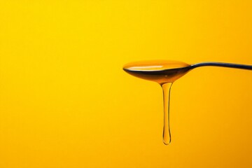 Aufkleber - Honey dripping from a spoon against a bright yellow background during a sunny day