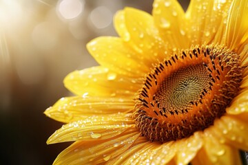 Aufkleber - Bright sunflower glistening with dew in sunlight during a warm morning in a vibrant garden