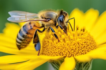 Poster - Bee collecting nectar from a vibrant yellow flower in a sunny garden during springtime
