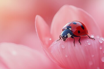 Poster - Ladybug explores pink flower petal with droplets during a sunny day in springtime garden