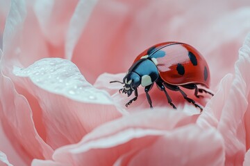 Fototapete - Colorful ladybug crawls on delicate pink flower at dawn in a lush garden setting