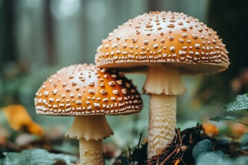 Poster - Distinctive mushrooms growing in a lush forest on a foggy day, showcasing intricate details and colors