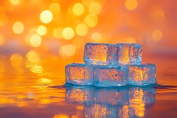 Poster - Ice cubes stacked on a reflective surface with warm bokeh background during sunset