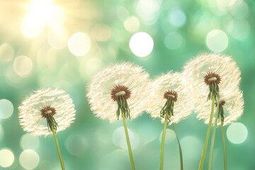 Poster - Dandelions sway gently in the sunlight with a beautiful bokeh backdrop in a garden setting